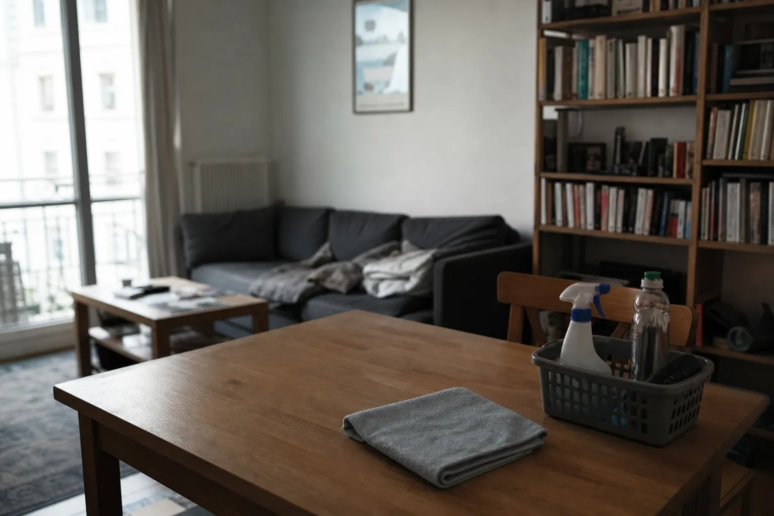 Salon habité avec un panier de matériel pour l’entretien courant