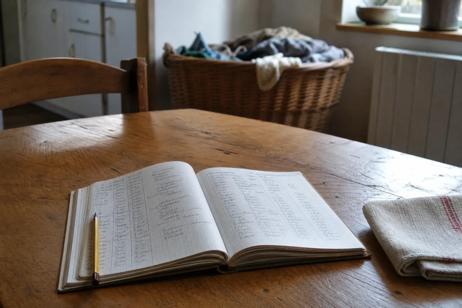 Carnet de priorités posé près du linge et du matériel